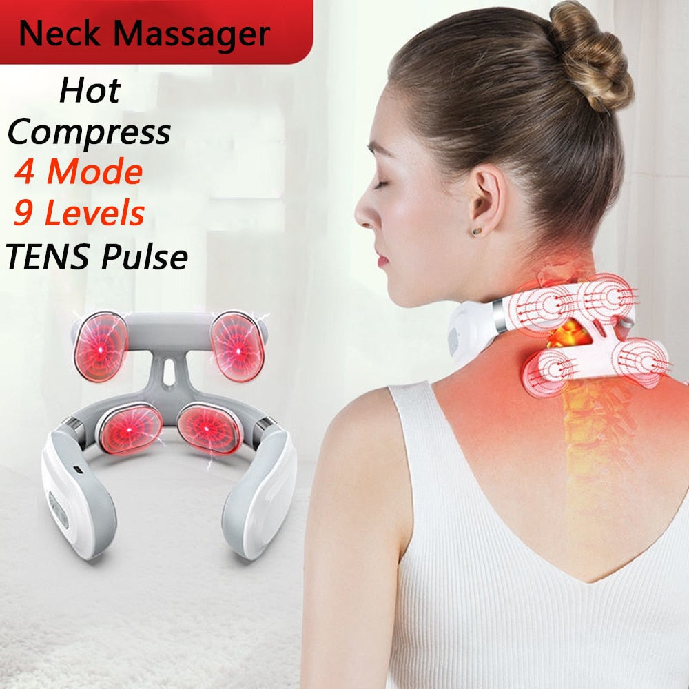 Cordless Portable Electric Neck Cervical Pulse Massager Relaxation Hot Compress Heads Muscle Pain Relief Health Care